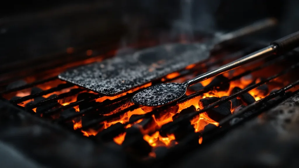 Brasas encendidas bajo la parrilla vacía, antes del servicio