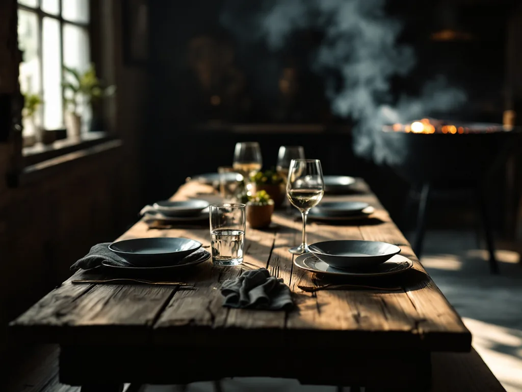Mesa larga de madera puesta para compartir junto a la parrilla