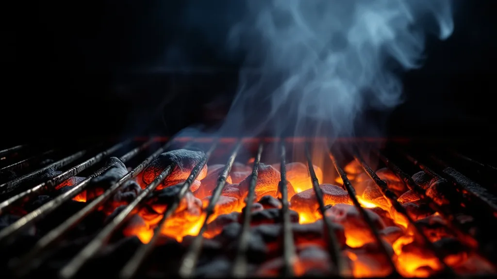 Brasas encendidas bajo la parrilla vacía, listas para el servicio