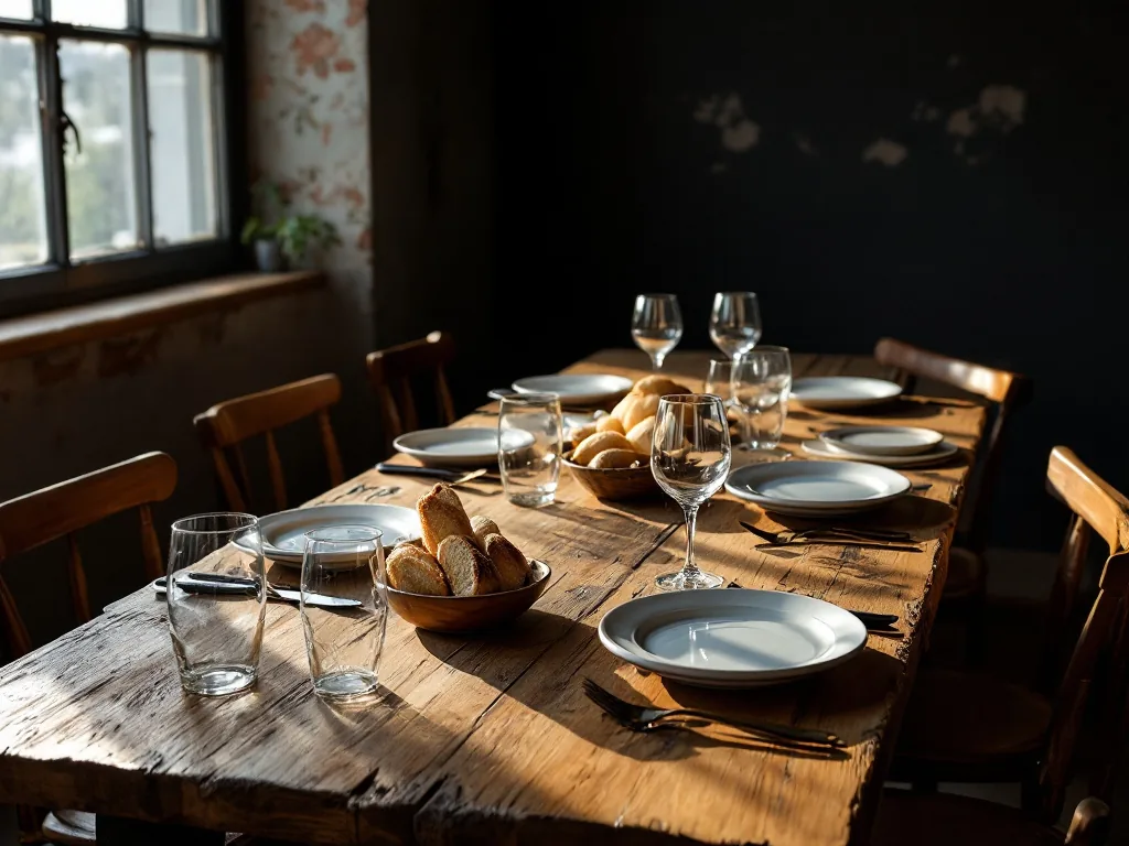 Mesa larga de madera con pan, copas y platos para compartir