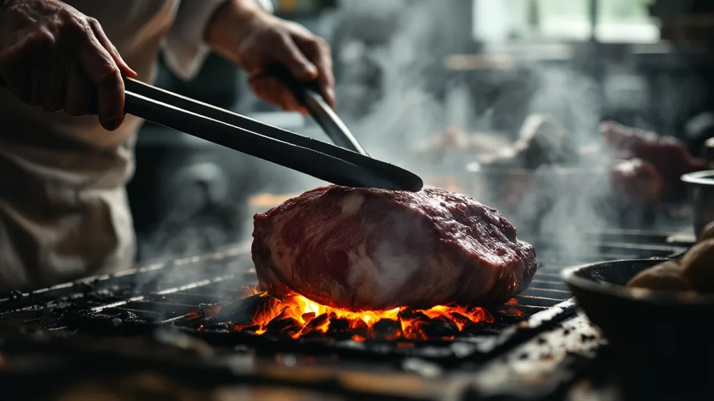 Manos girando una pieza de carne sobre las brasas de la parrilla