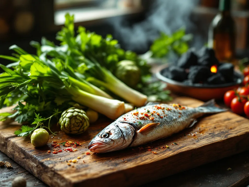 Verduras de temporada y pescado fresco junto a la parrilla