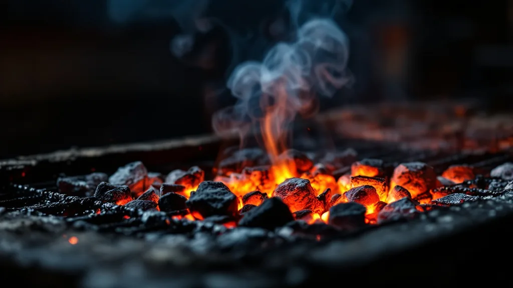 Brasas de carbón encendidas bajo la parrilla vacía antes del servicio