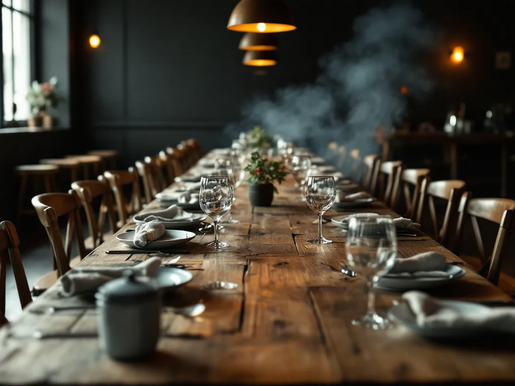 Mesa larga de madera preparada para un grupo en un asador