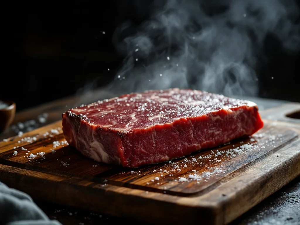 Pieza de carne madurada reposando sobre tabla de madera junto a la parrilla